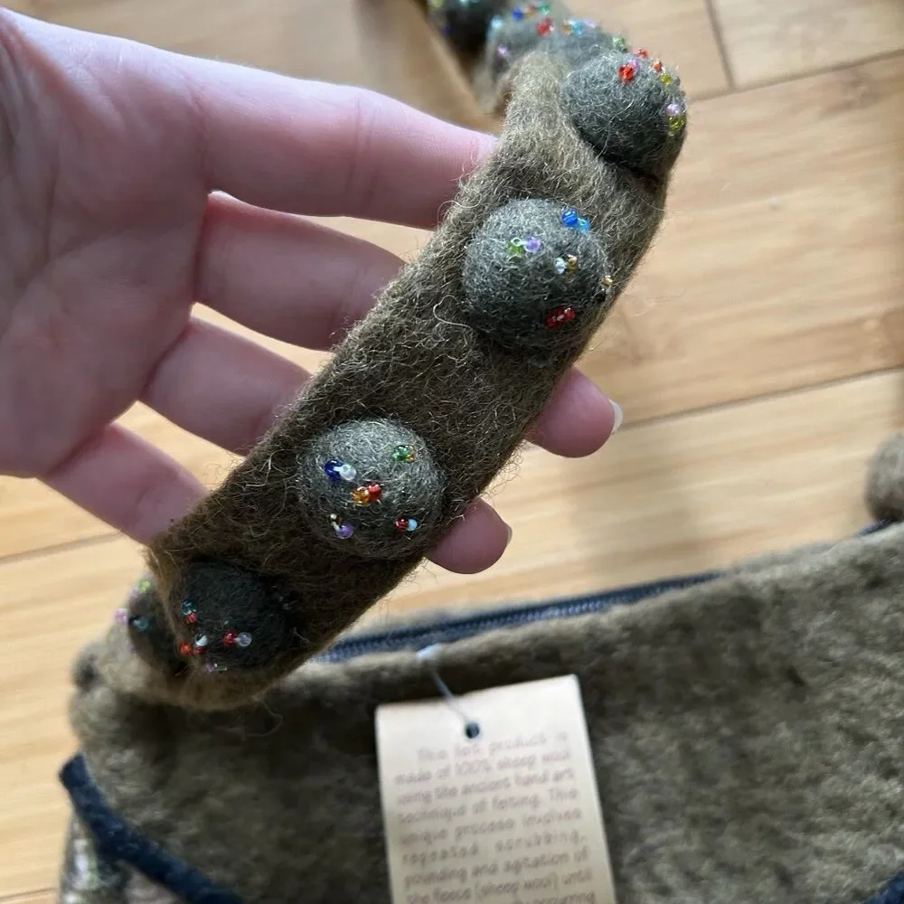 Rising Tide Wool Felted Shoulder Bag Purse Olive Green Artsy Handmade Zipper